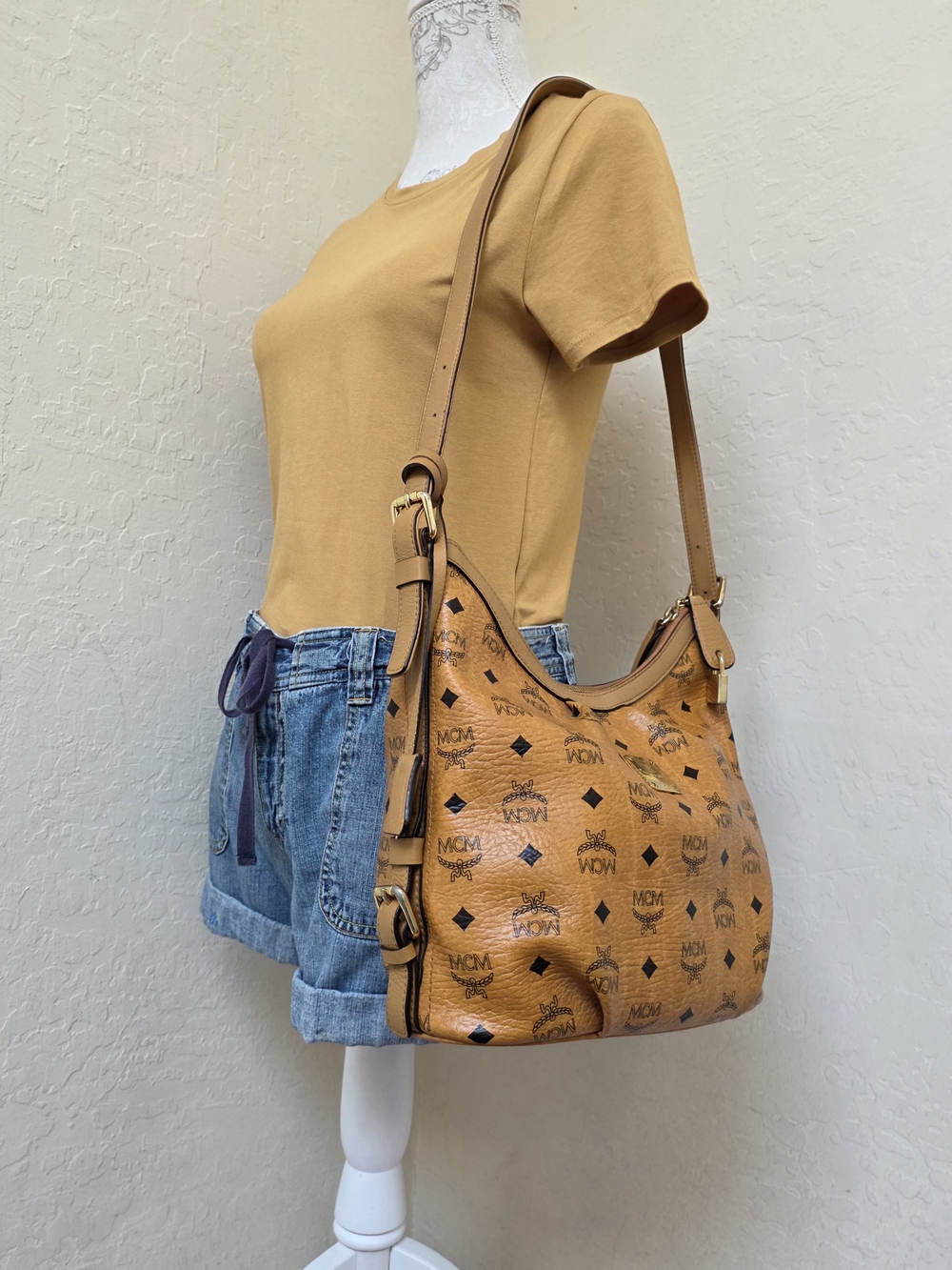MCM Cognac Monogram Shoulder Hobo Bag AUTHENTIC